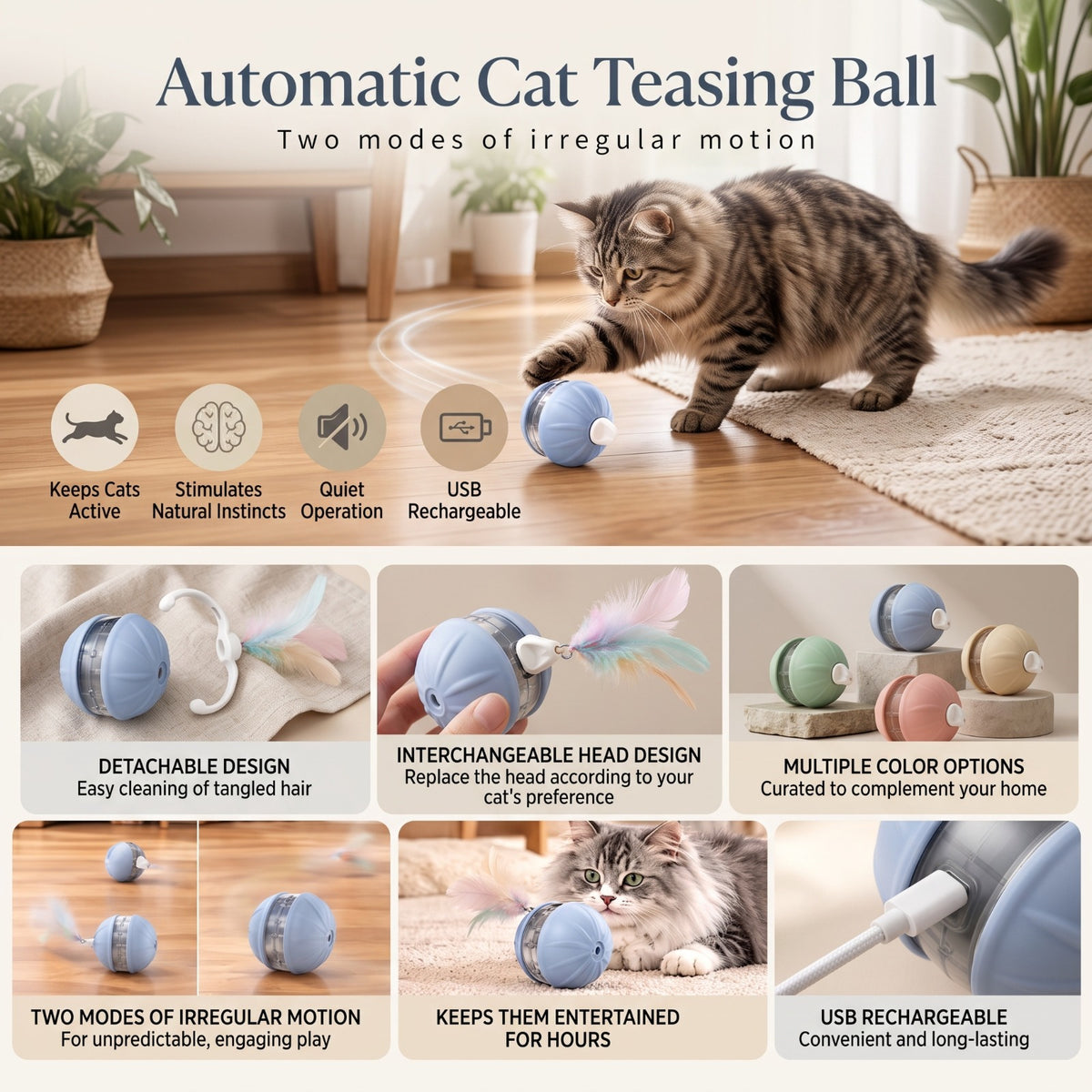 Rechargeable Interactive Cat Ball with Feather
