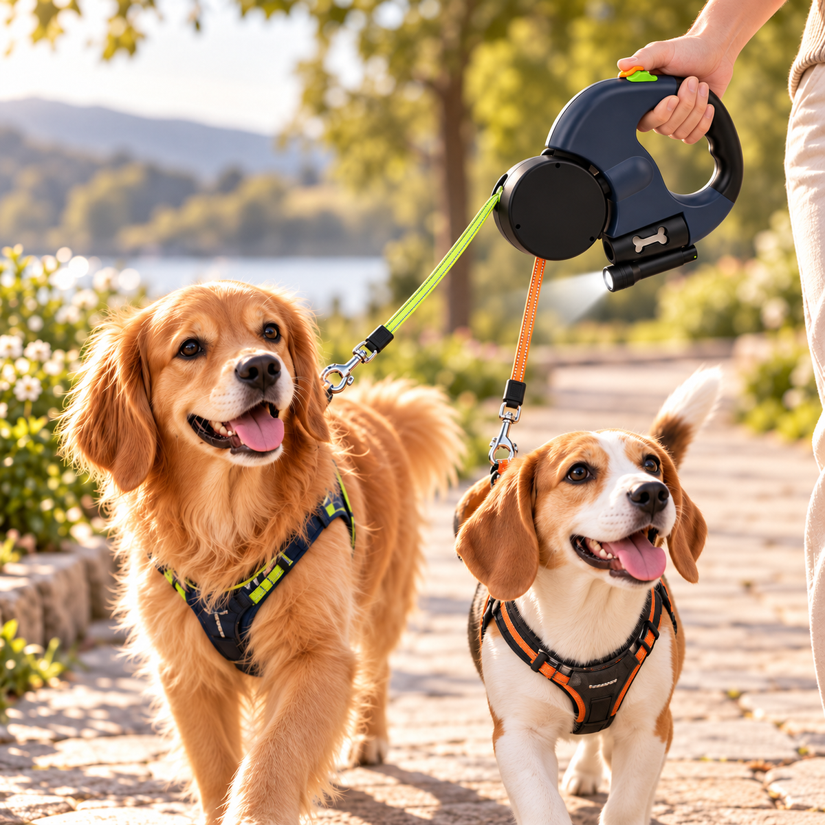 Dual Retractable Dog Leash with LED Light &amp; Waste Bag Holder