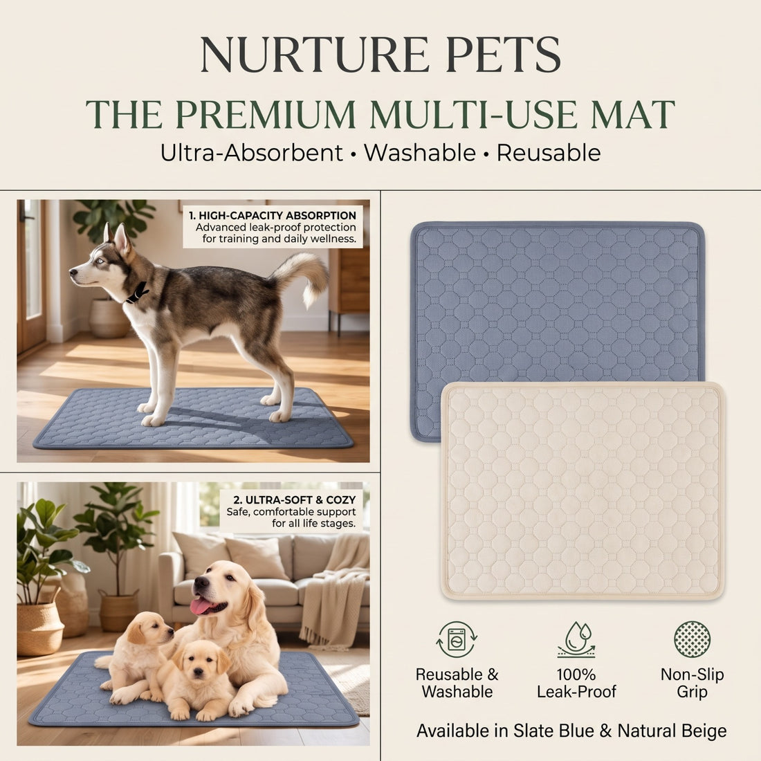 Washable Reusable Dog Training Pad with Waterproof Barrier