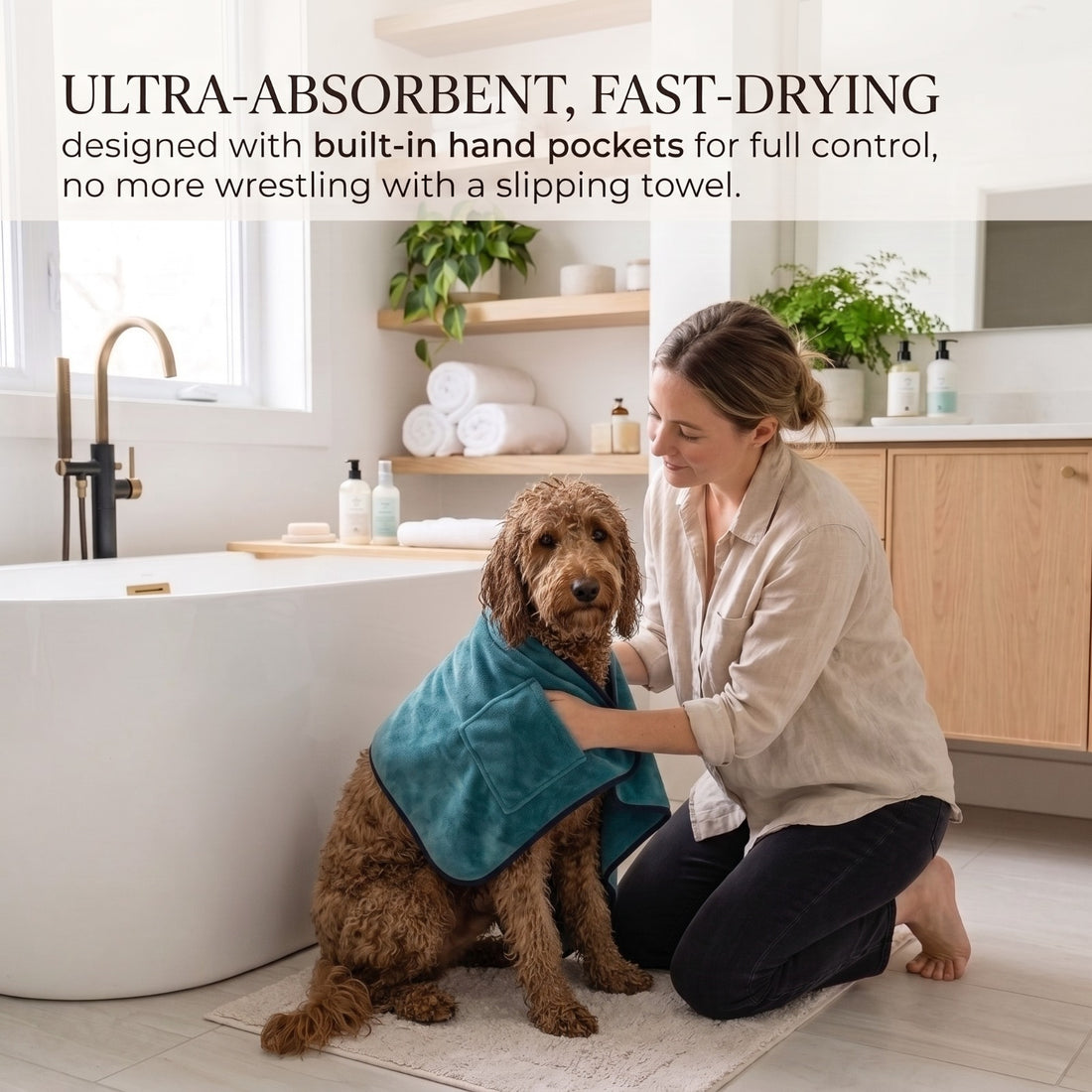 Quick-Dry Pet Bath Towel with Hand Pockets