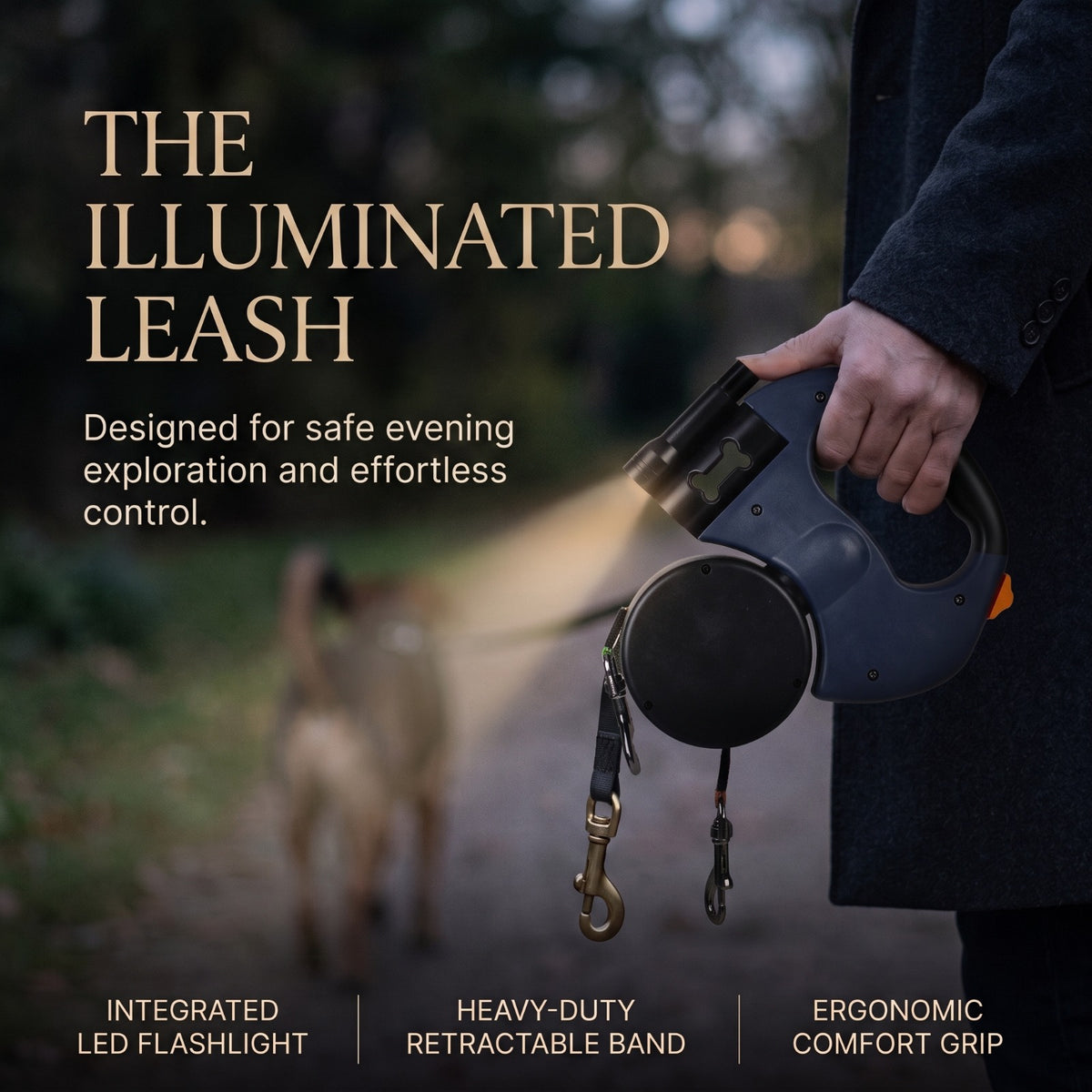 Dual Retractable Dog Leash with LED Light &amp; Waste Bag Holder
