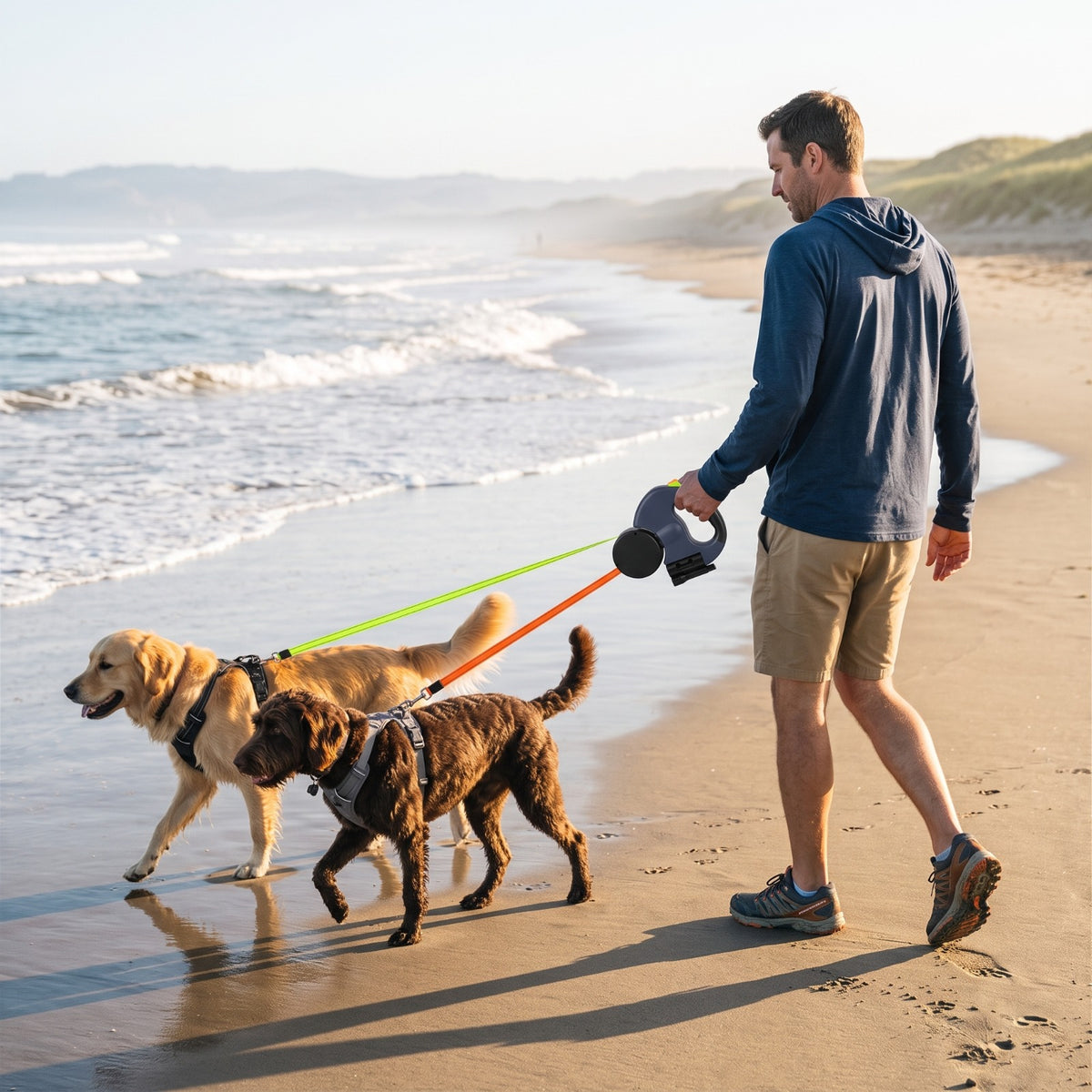 Dual Retractable Dog Leash with LED Light &amp; Waste Bag Holder