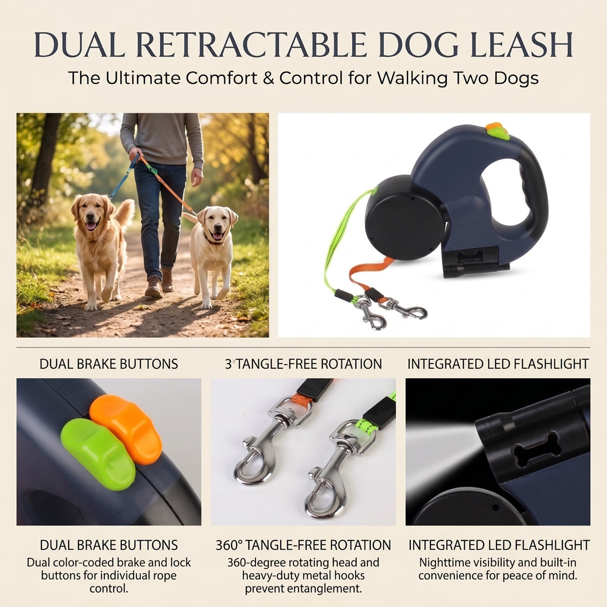 Dual Retractable Dog Leash with LED Light &amp; Waste Bag Holder