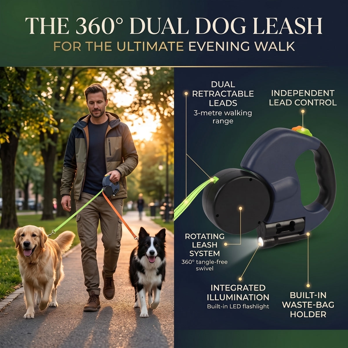 Dual Retractable Dog Leash with LED Light &amp; Waste Bag Holder